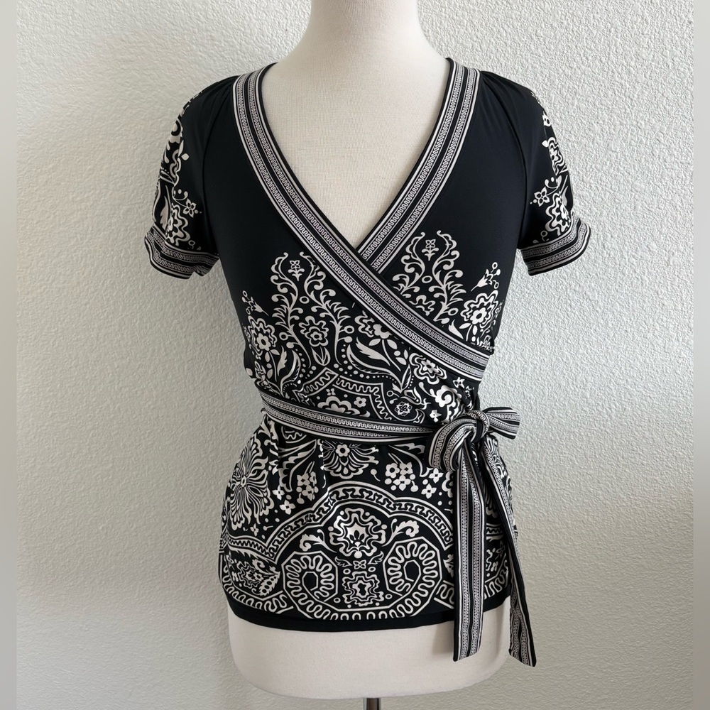 BCBGMAXAZRIA Women’s Y2K Top Small Waist Tie Whimsical Stretch 90s Puff Sleeve
